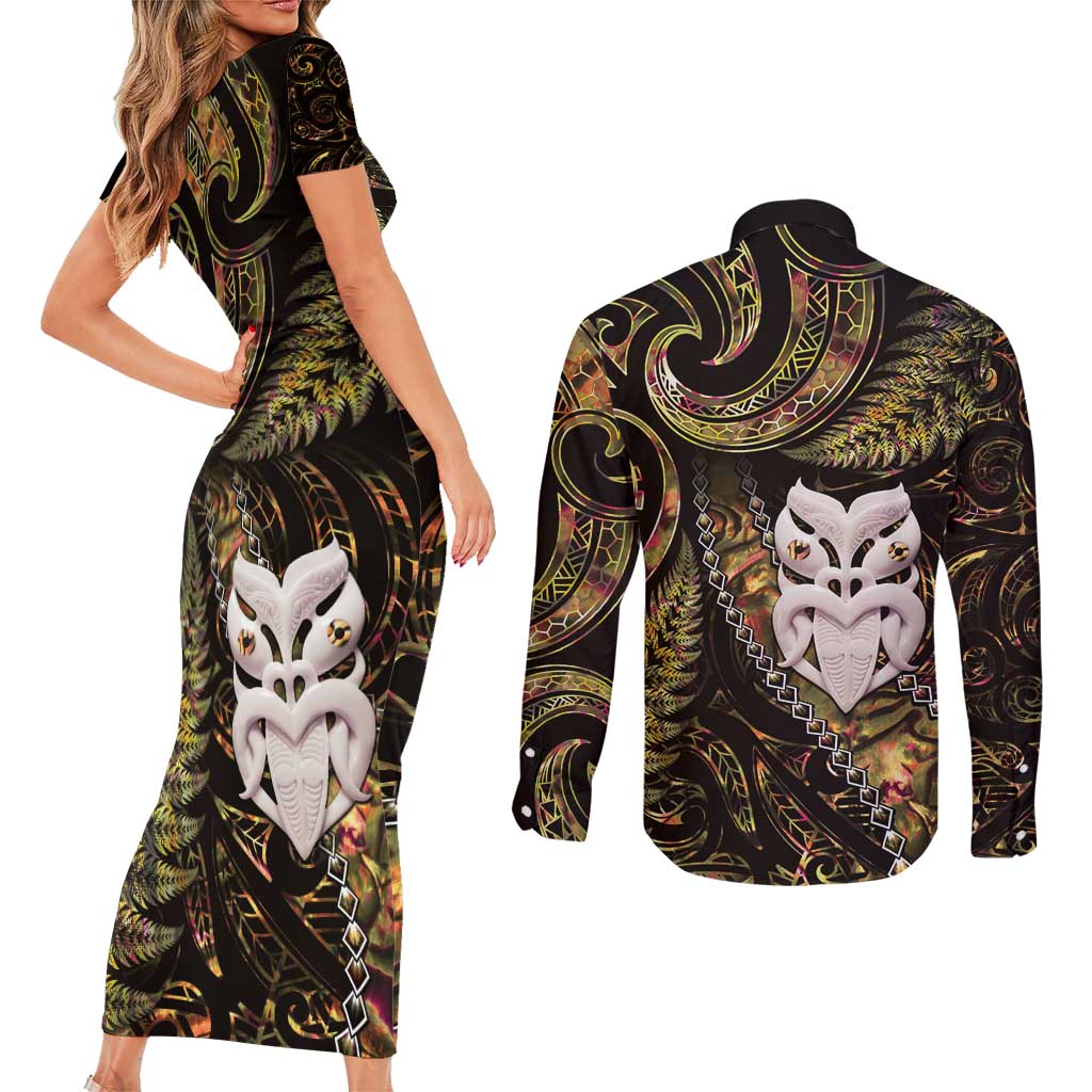 New Zealand Aotearoa Couples Matching Short Sleeve Bodycon Dress and Long Sleeve Button Shirt Maori Wheku Paua Shell Glitter Gold LT05 - Polynesian Pride