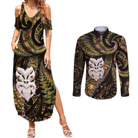 New Zealand Aotearoa Couples Matching Summer Maxi Dress and Long Sleeve Button Shirt Maori Wheku Paua Shell Glitter Gold LT05 Gold - Polynesian Pride