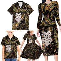 New Zealand Aotearoa Family Matching Long Sleeve Bodycon Dress and Hawaiian Shirt Maori Wheku Paua Shell Glitter Gold LT05 - Polynesian Pride