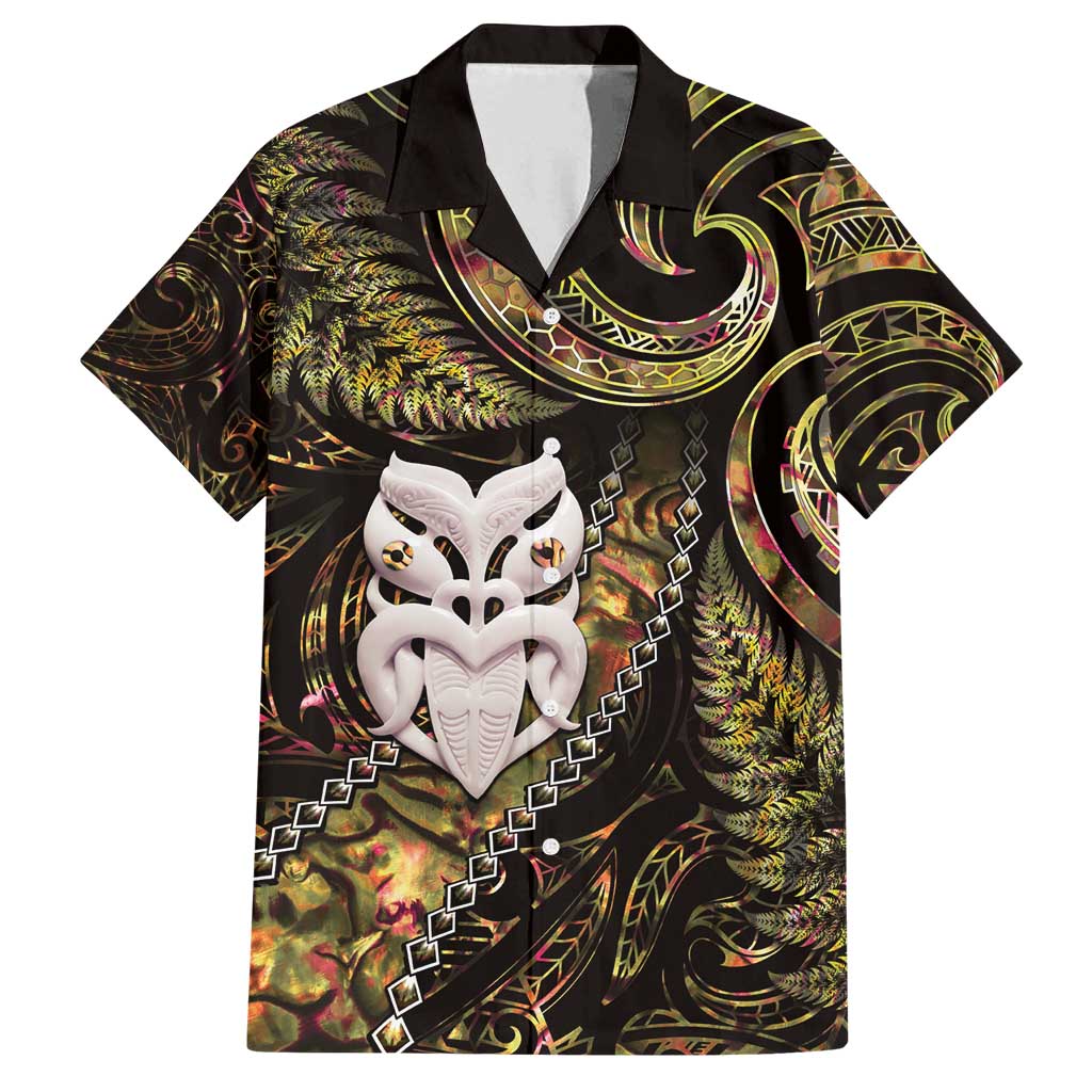 New Zealand Aotearoa Family Matching Long Sleeve Bodycon Dress and Hawaiian Shirt Maori Wheku Paua Shell Glitter Gold LT05 Dad's Shirt - Short Sleeve Gold - Polynesian Pride