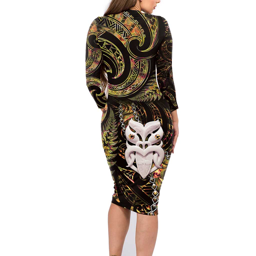 New Zealand Aotearoa Family Matching Long Sleeve Bodycon Dress and Hawaiian Shirt Maori Wheku Paua Shell Glitter Gold LT05 - Polynesian Pride