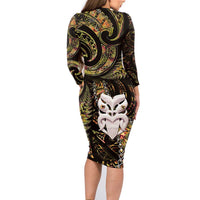 New Zealand Aotearoa Family Matching Long Sleeve Bodycon Dress and Hawaiian Shirt Maori Wheku Paua Shell Glitter Gold LT05 - Polynesian Pride