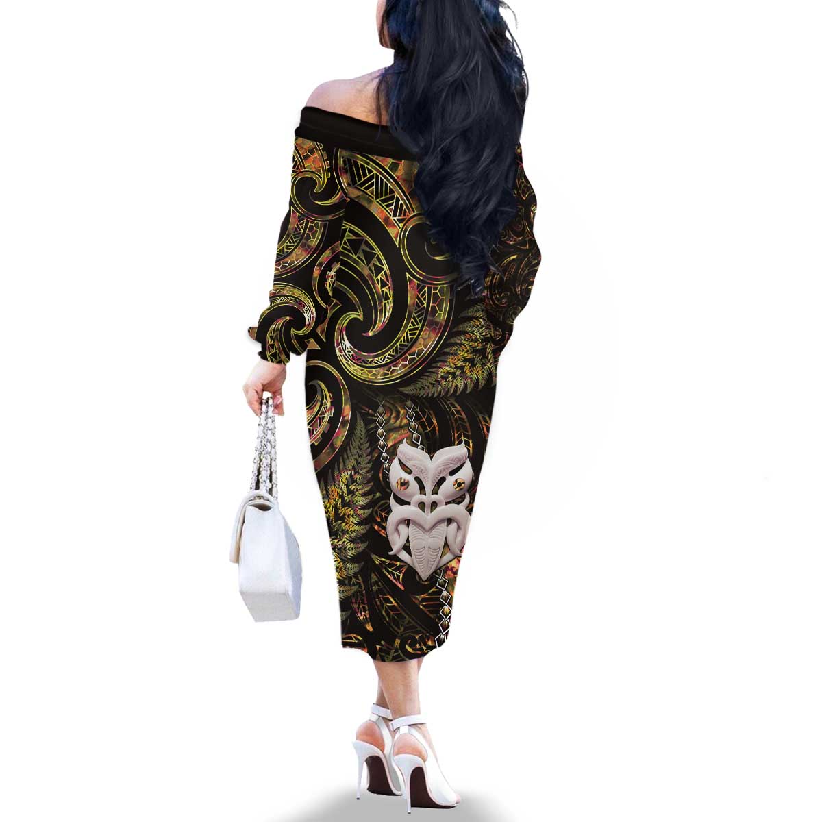 New Zealand Aotearoa Family Matching Off The Shoulder Long Sleeve Dress and Hawaiian Shirt Maori Wheku Paua Shell Glitter Gold