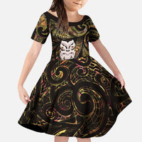 New Zealand Aotearoa Family Matching Off Shoulder Maxi Dress and Hawaiian Shirt Maori Wheku Paua Shell Glitter Gold LT05 Daughter's Dress Gold - Polynesian Pride