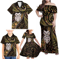 New Zealand Aotearoa Family Matching Off Shoulder Maxi Dress and Hawaiian Shirt Maori Wheku Paua Shell Glitter Gold LT05 - Polynesian Pride