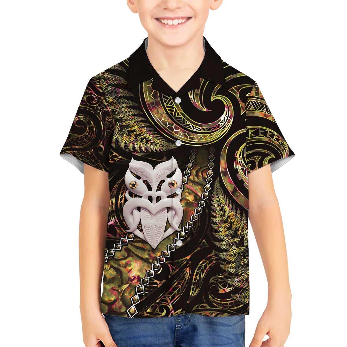 New Zealand Aotearoa Family Matching Puletasi and Hawaiian Shirt Maori Wheku Paua Shell Glitter Gold LT05 Son's Shirt Gold - Polynesian Pride