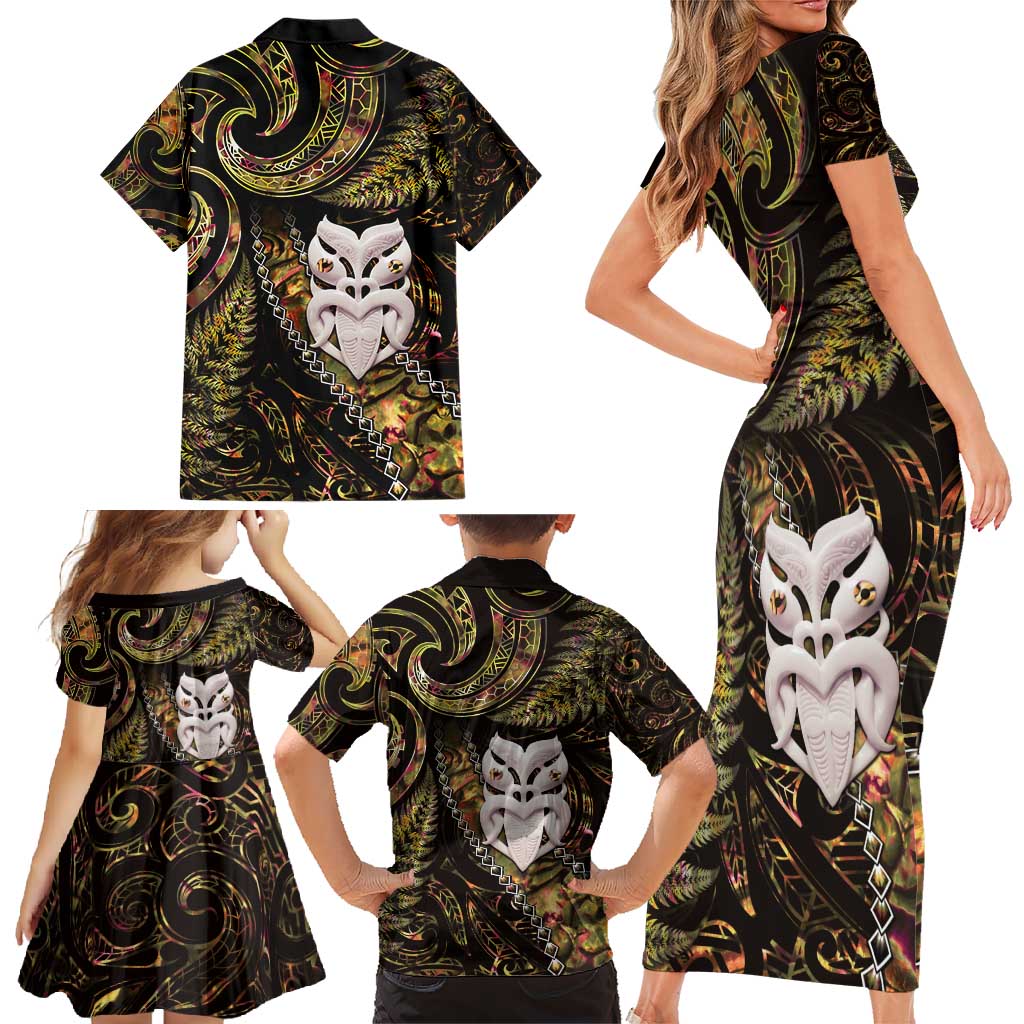 New Zealand Aotearoa Family Matching Short Sleeve Bodycon Dress and Hawaiian Shirt Maori Wheku Paua Shell Glitter Gold LT05 - Polynesian Pride