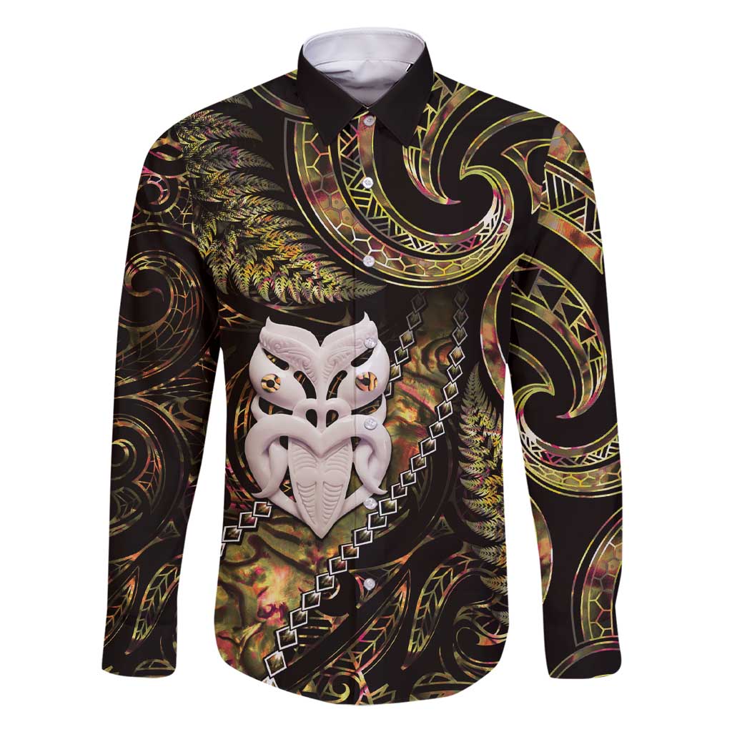 New Zealand Aotearoa Family Matching Short Sleeve Bodycon Dress and Hawaiian Shirt Maori Wheku Paua Shell Glitter Gold LT05 Dad's Shirt - Long Sleeve Gold - Polynesian Pride