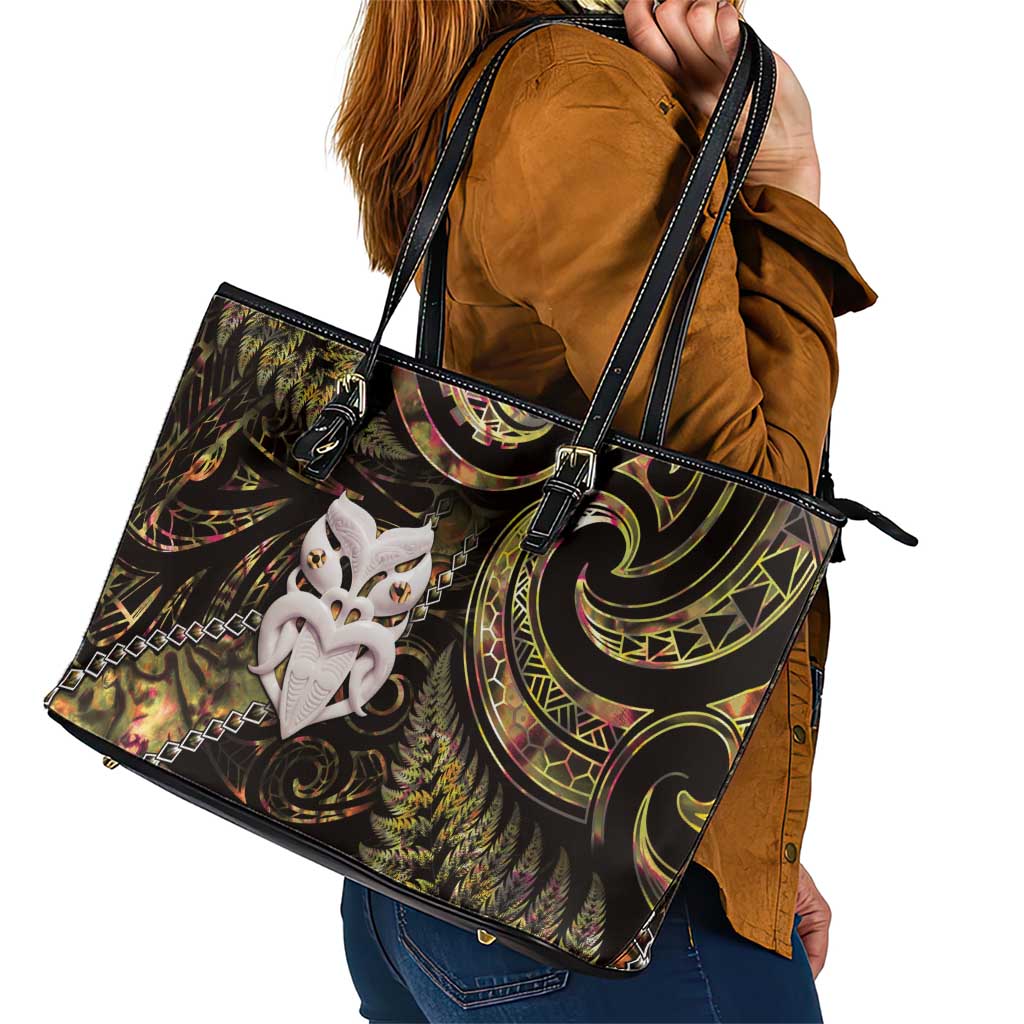 New Zealand Aotearoa Leather Tote Bag Maori Wheku Paua Shell Glitter Gold