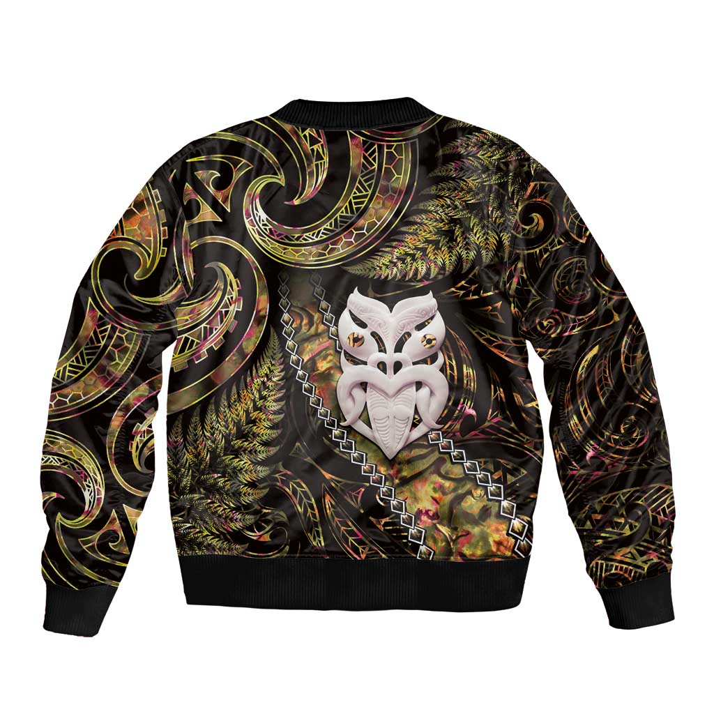 New Zealand Aotearoa Sleeve Zip Bomber Jacket Maori Wheku Paua Shell Glitter Gold