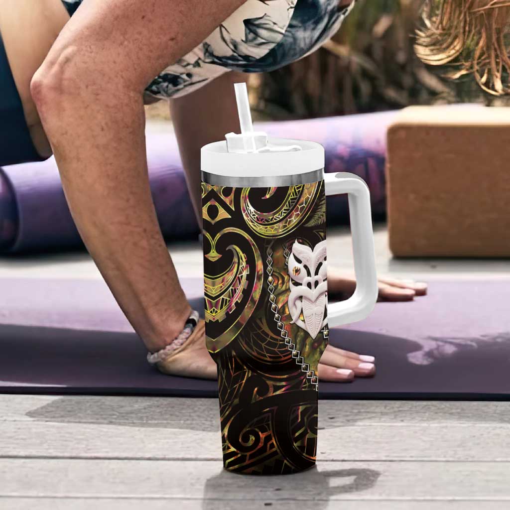New Zealand Aotearoa Tumbler With Handle Maori Wheku Paua Shell Glitter Gold
