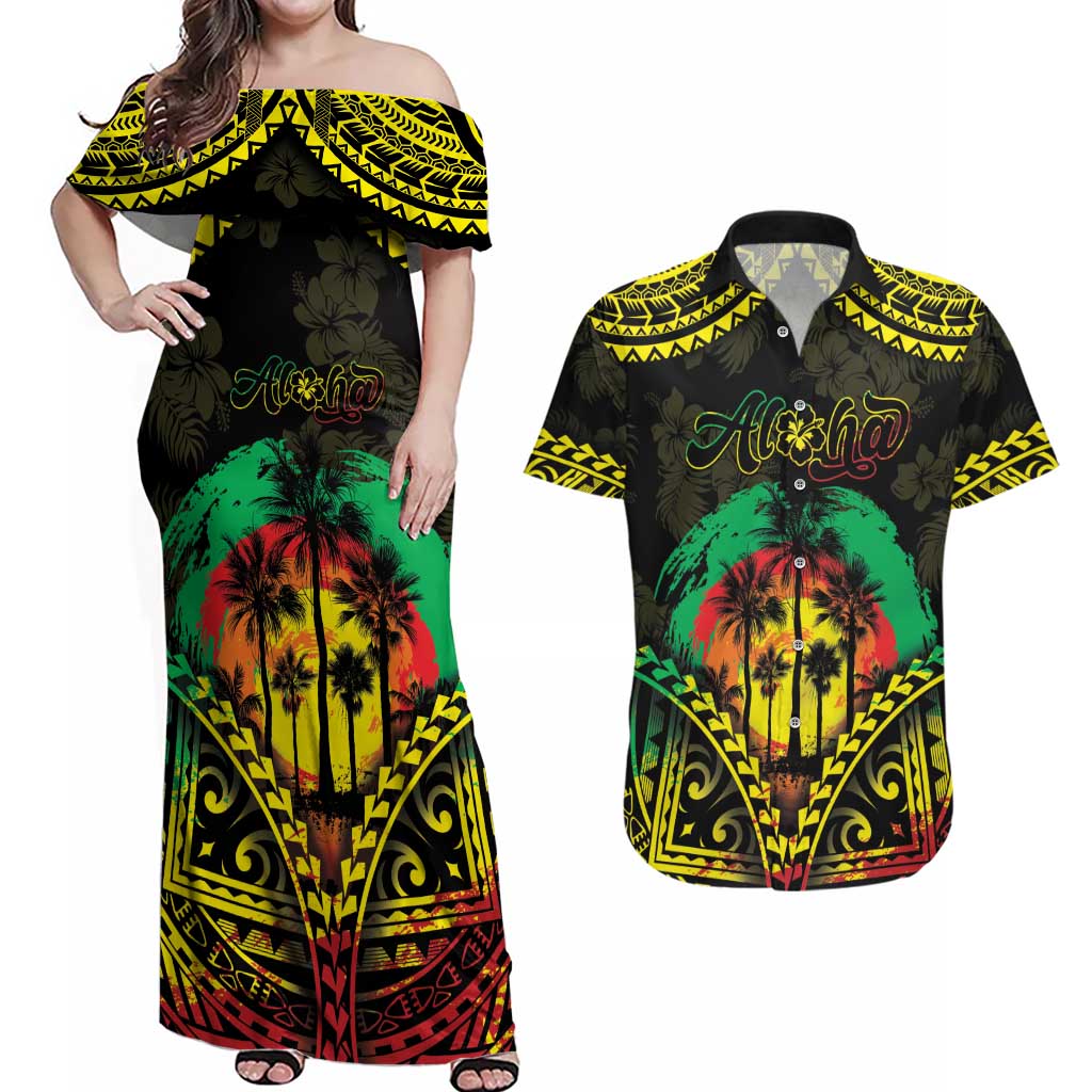 Aloha Tropical Palm Trees Couples Matching Off Shoulder Maxi Dress and Hawaiian Shirt Reggae Polynesian Pattern