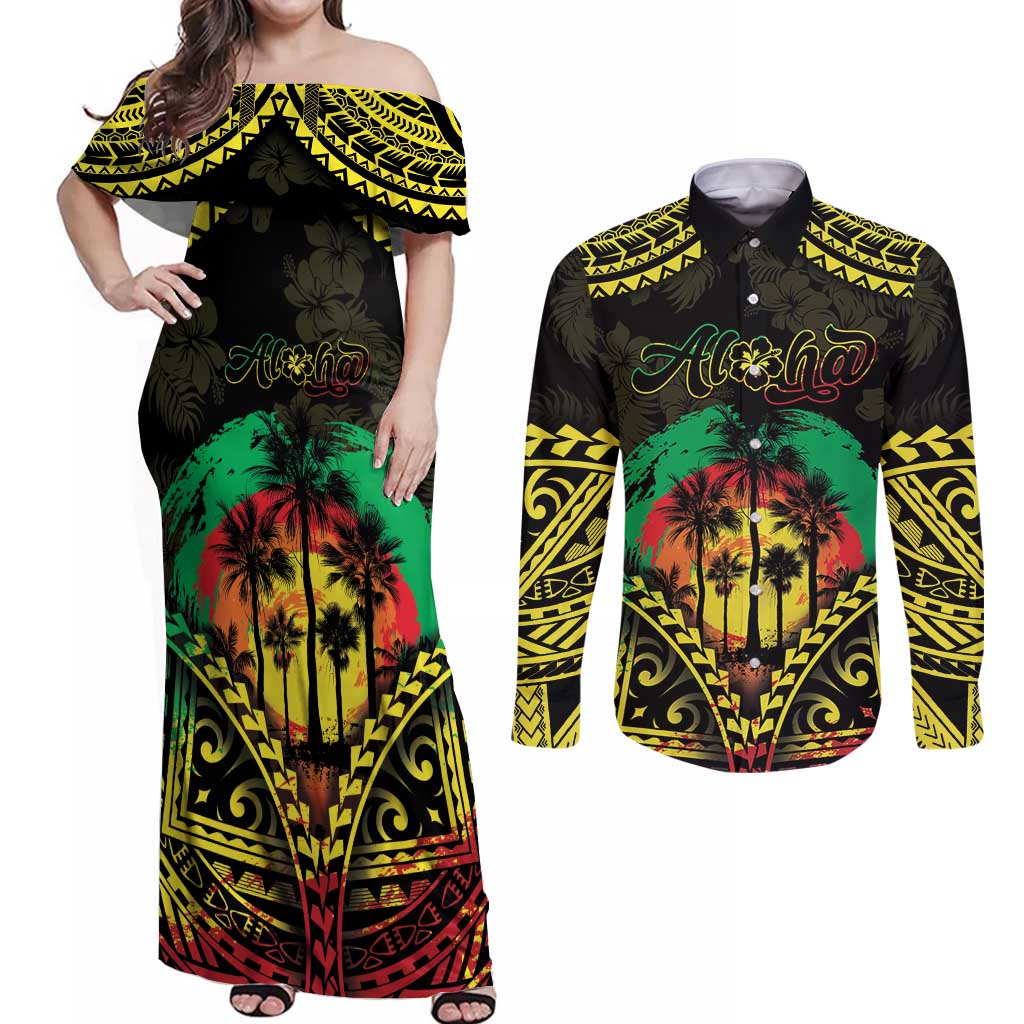 Aloha Tropical Palm Trees Couples Matching Off Shoulder Maxi Dress and Long Sleeve Button Shirt Reggae Polynesian Pattern