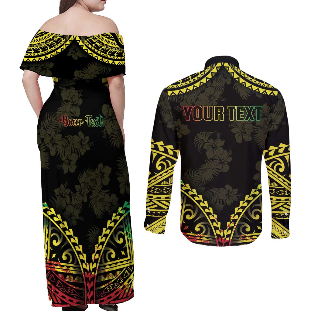 Aloha Tropical Palm Trees Couples Matching Off Shoulder Maxi Dress and Long Sleeve Button Shirt Reggae Polynesian Pattern
