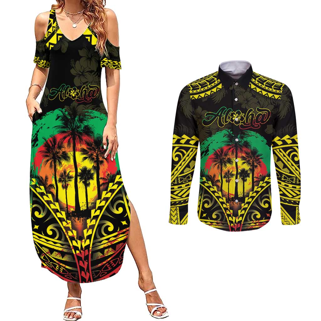 Aloha Tropical Palm Trees Couples Matching Summer Maxi Dress and Long Sleeve Button Shirt Reggae Polynesian Pattern