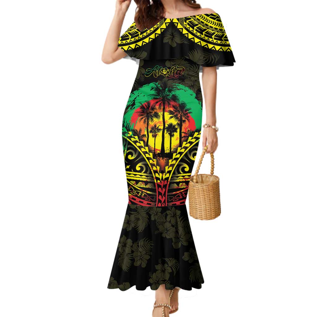 Aloha Tropical Palm Trees Family Matching Mermaid Dress and Hawaiian Shirt Reggae Polynesian Pattern