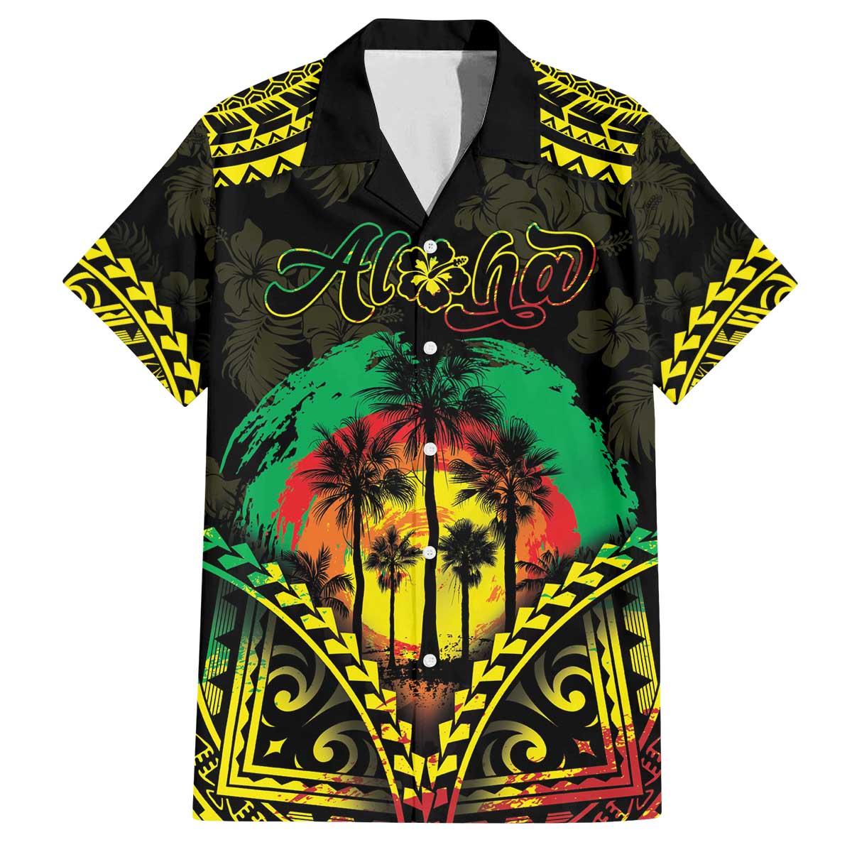 Aloha Tropical Palm Trees Family Matching Off The Shoulder Long Sleeve Dress and Hawaiian Shirt Reggae Polynesian Pattern