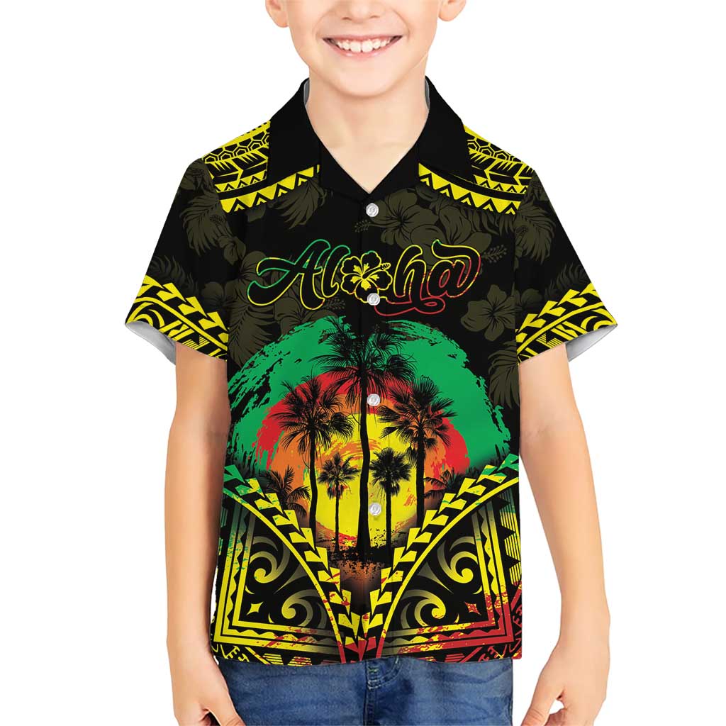 Aloha Tropical Palm Trees Family Matching Short Sleeve Bodycon Dress and Hawaiian Shirt Reggae Polynesian Pattern