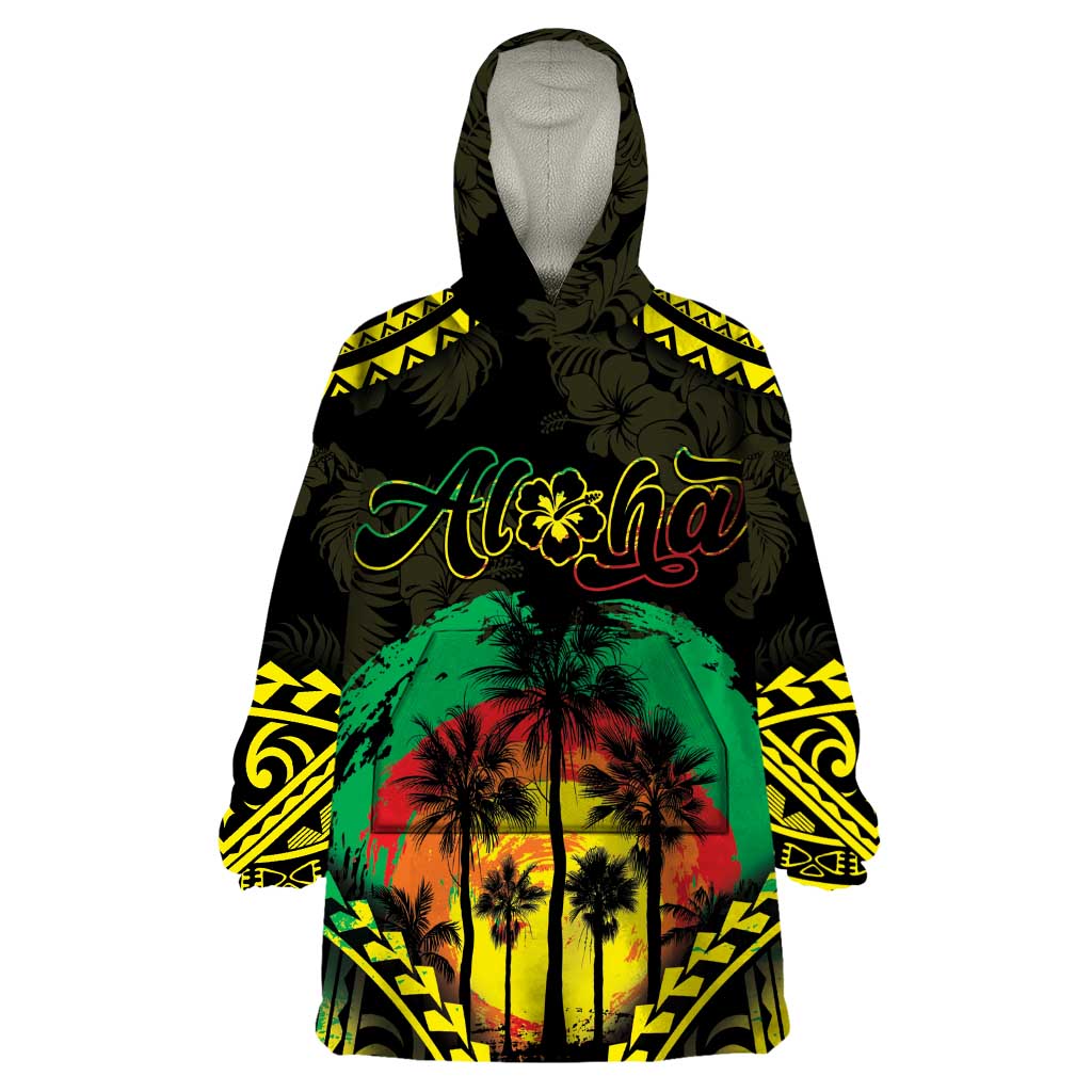 Aloha Tropical Palm Trees Wearable Blanket Hoodie Reggae Polynesian Pattern