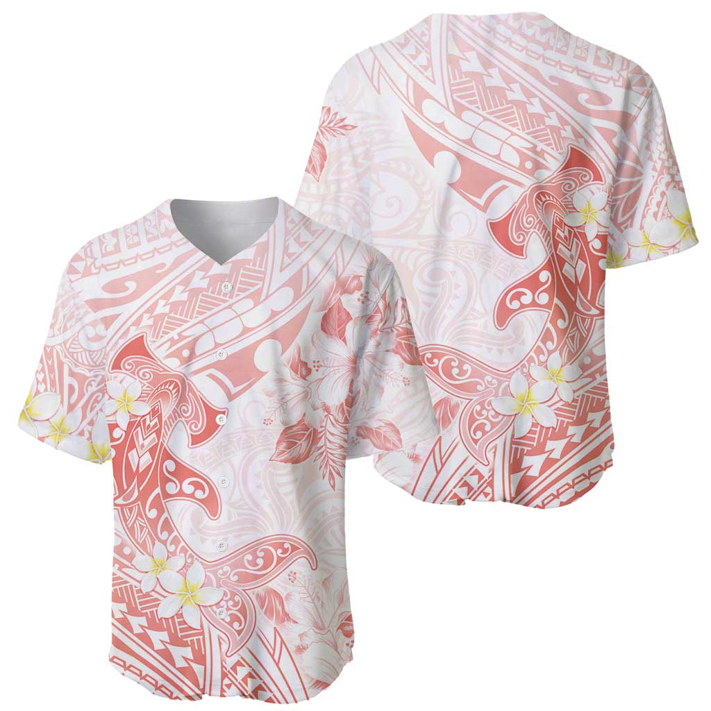 Polynesia Hammerhead Shark Baseball Jersey Tropical Flowers Tribal Pattern Peach