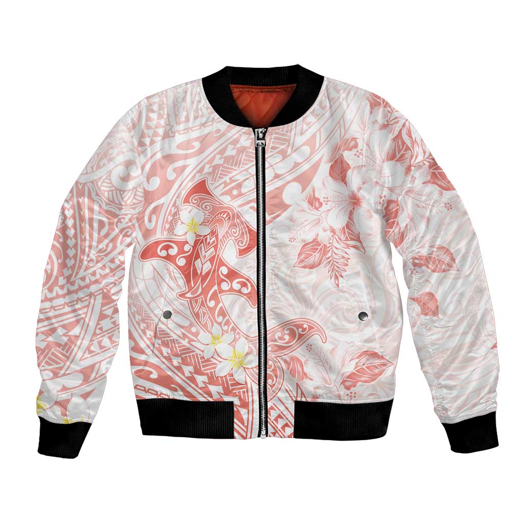 Polynesia Hammerhead Shark Bomber Jacket Tropical Flowers Tribal Pattern Peach