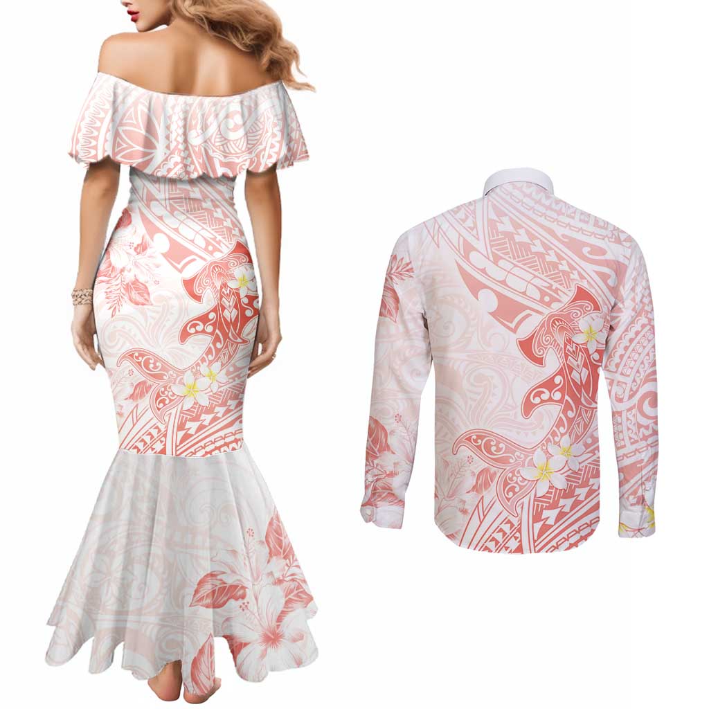 Polynesia Hammerhead Shark Couples Matching Mermaid Dress and Long Sleeve Button Shirt Tropical Flowers Tribal Pattern Peach