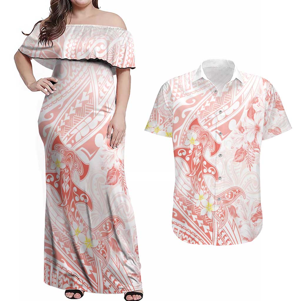 Polynesia Hammerhead Shark Couples Matching Off Shoulder Maxi Dress and Hawaiian Shirt Tropical Flowers Tribal Pattern Peach