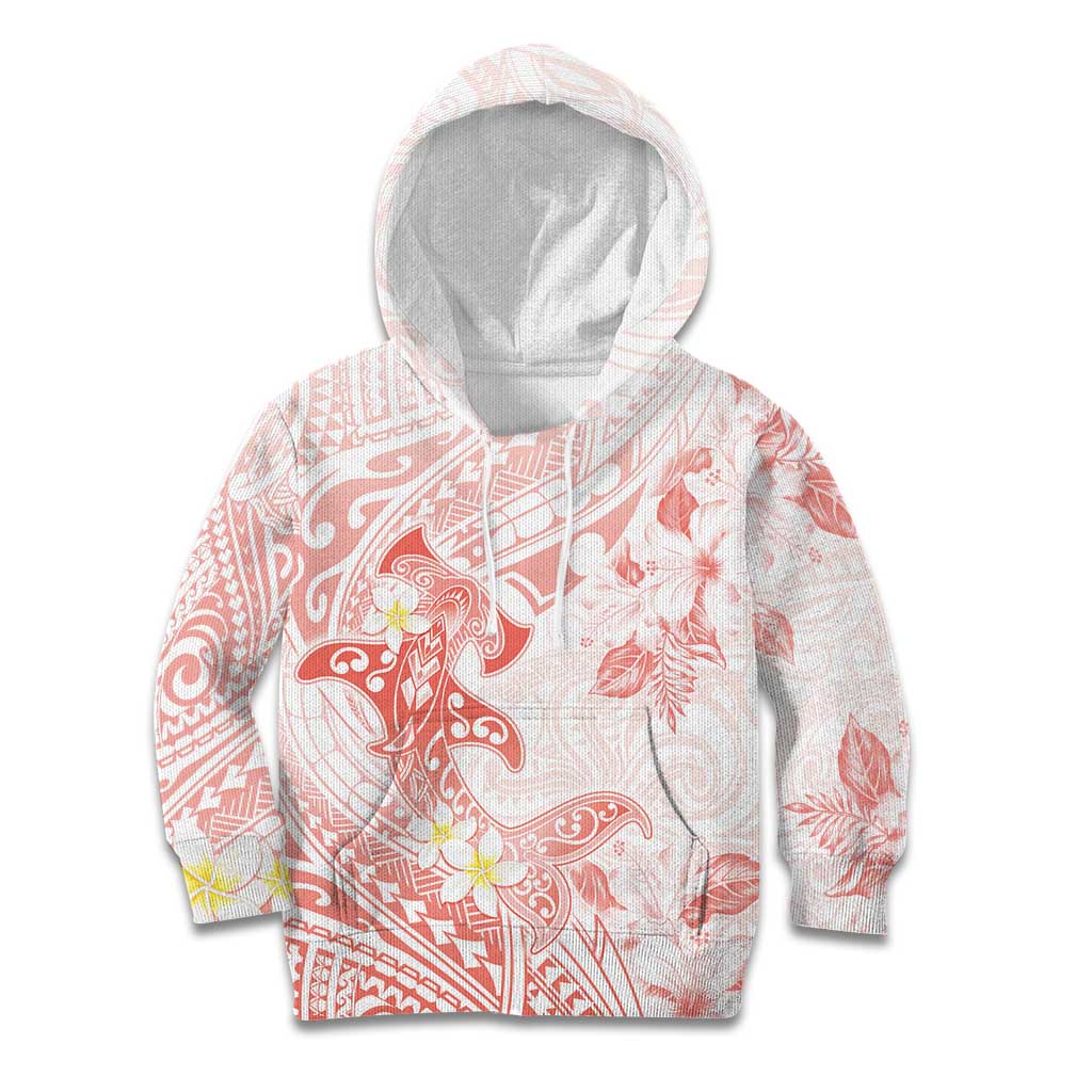 Polynesia Hammerhead Shark Kid Hoodie Tropical Flowers Tribal Pattern Peach