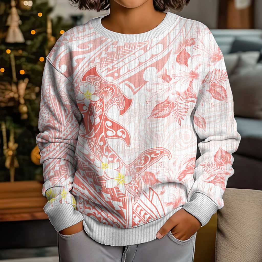 Polynesia Hammerhead Shark Kid Ugly Christmas Sweater Tropical Flowers Tribal Pattern Peach