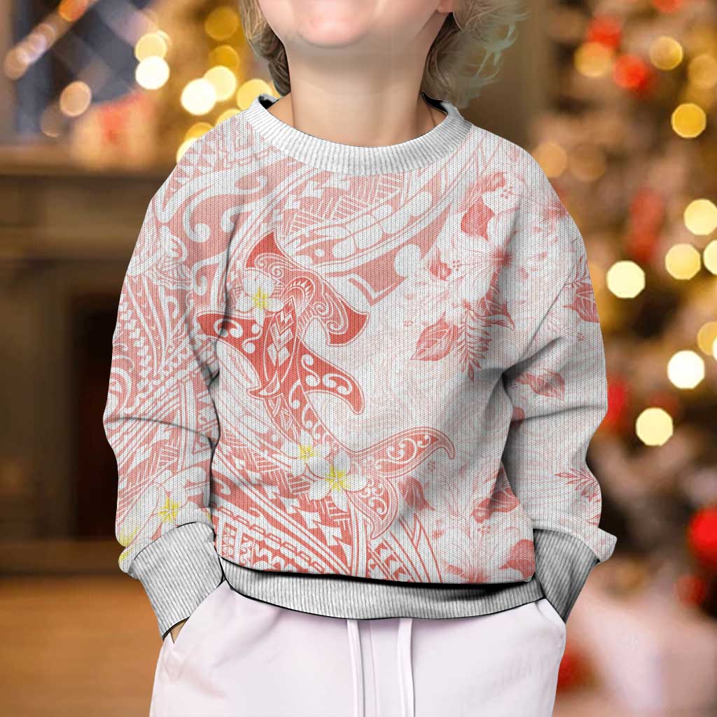 Polynesia Hammerhead Shark Kid Ugly Christmas Sweater Tropical Flowers Tribal Pattern Peach