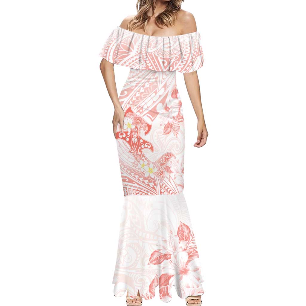 Polynesia Hammerhead Shark Mermaid Dress Tropical Flowers Tribal Pattern Peach