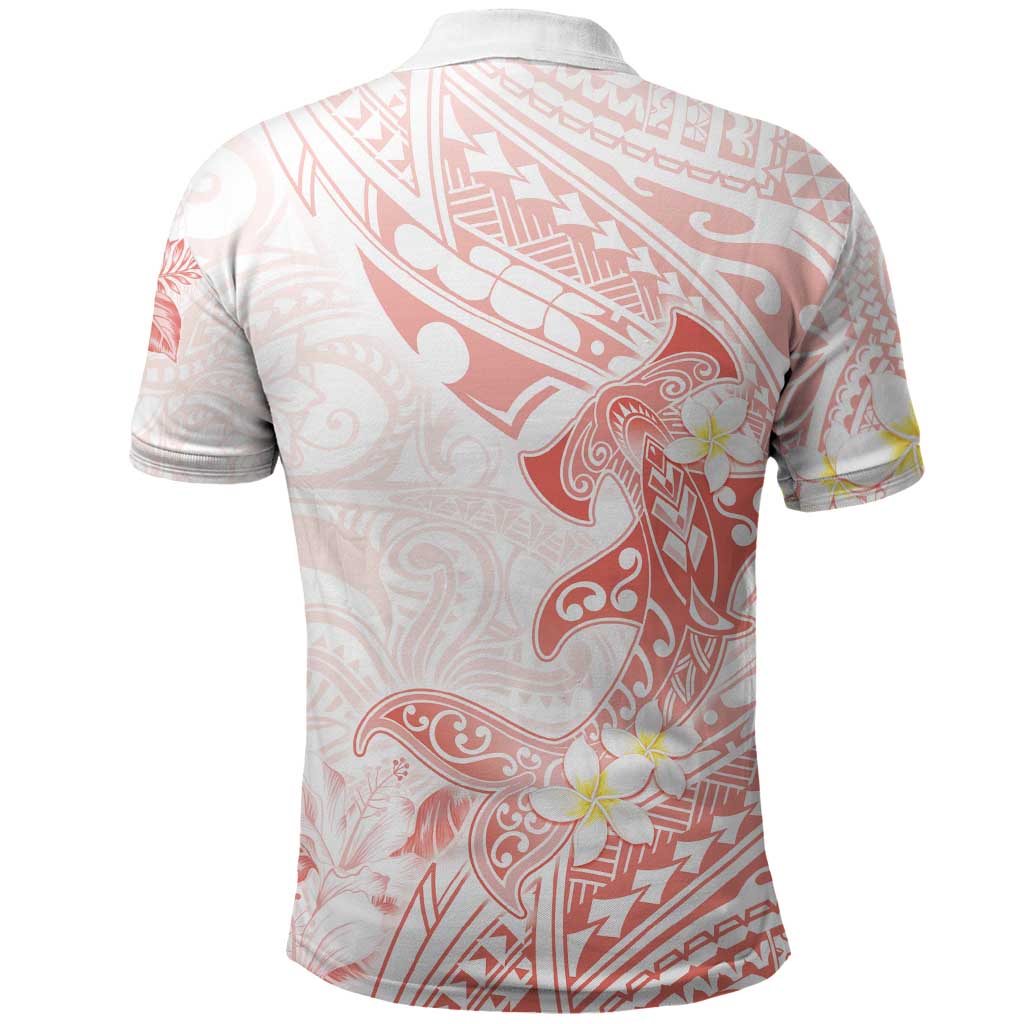 Polynesia Hammerhead Shark Polo Shirt Tropical Flowers Tribal Pattern Peach
