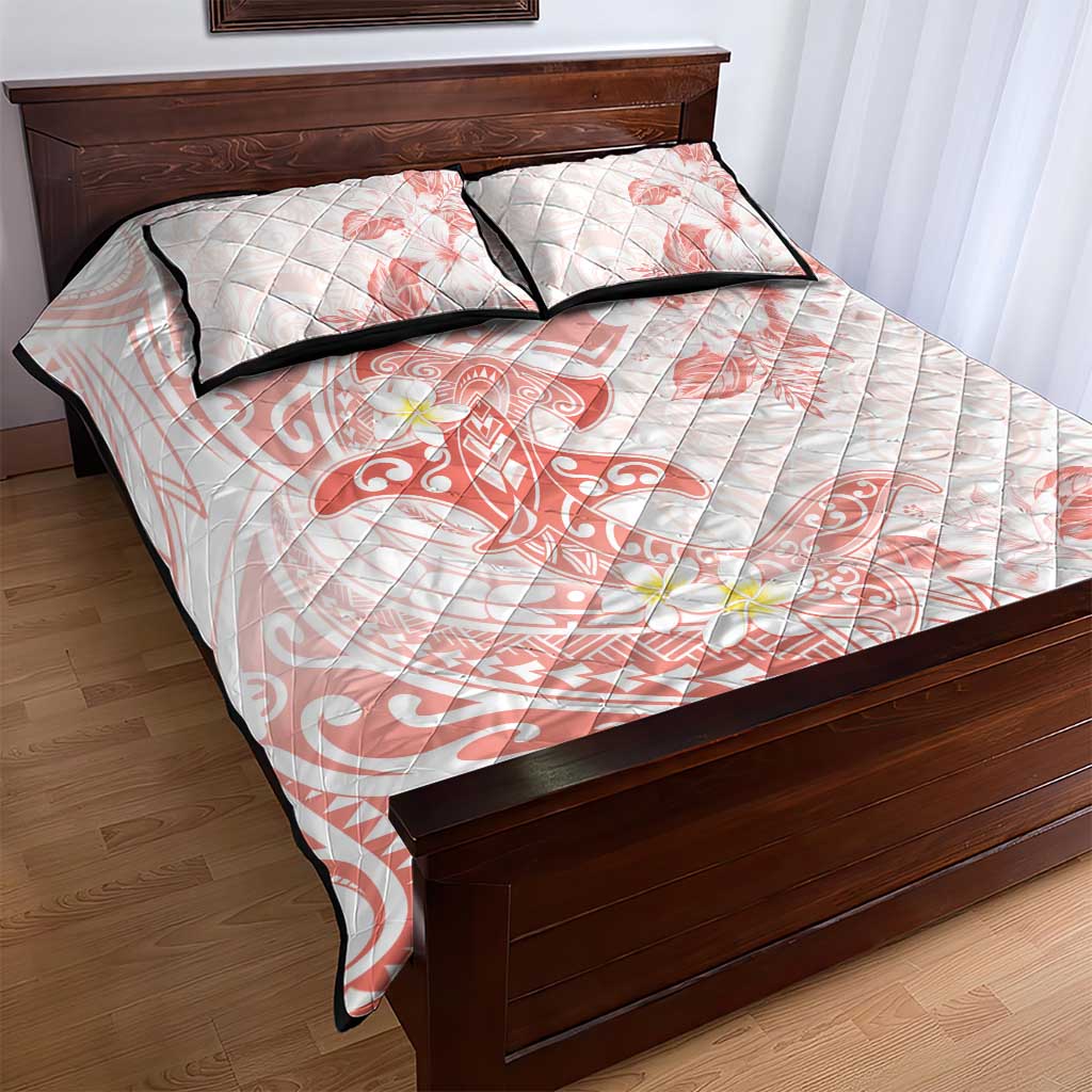 Polynesia Hammerhead Shark Quilt Bed Set Tropical Flowers Tribal Pattern Peach LT05 - Polynesian Pride