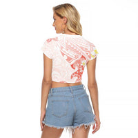 Polynesia Hammerhead Shark Raglan Cropped T Shirt Tropical Flowers Tribal Pattern Peach LT05 - Polynesian Pride