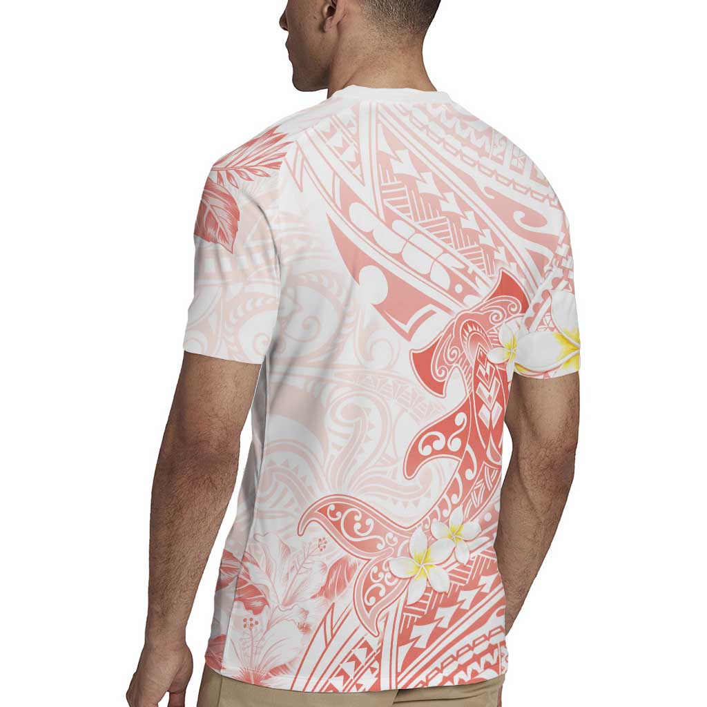 Polynesia Hammerhead Shark Rugby Jersey Tropical Flowers Tribal Pattern Peach