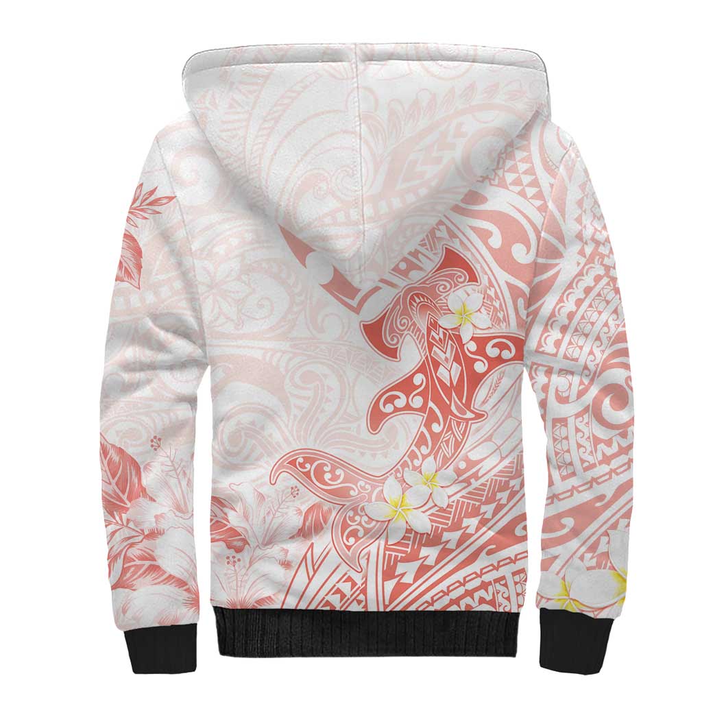Polynesia Hammerhead Shark Sherpa Hoodie Tropical Flowers Tribal Pattern Peach