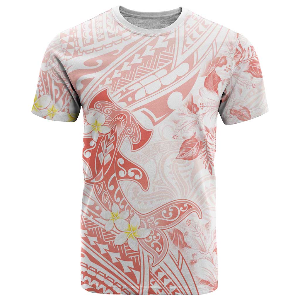 Polynesia Hammerhead Shark T Shirt Tropical Flowers Tribal Pattern Peach