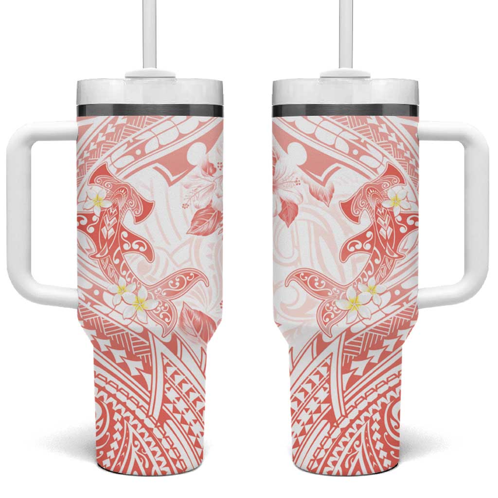 Polynesia Hammerhead Shark Tumbler With Handle Tropical Flowers Tribal Pattern Peach