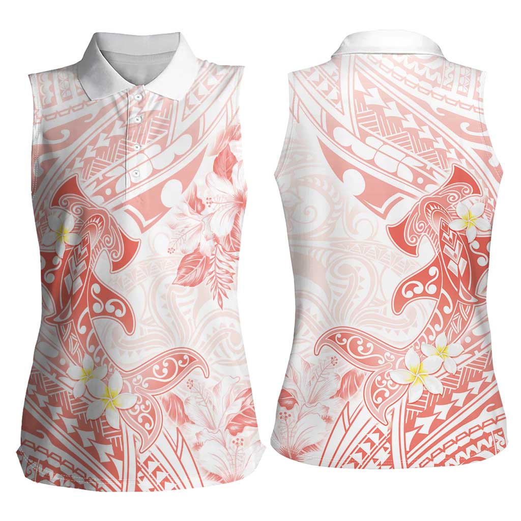 Polynesia Hammerhead Shark Women Sleeveless Polo Shirt Tropical Flowers Tribal Pattern Peach
