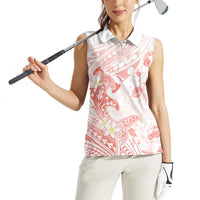 Polynesia Hammerhead Shark Women Sleeveless Polo Shirt Tropical Flowers Tribal Pattern Peach