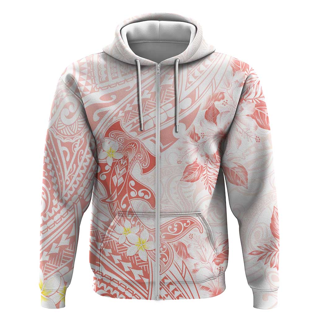Polynesia Hammerhead Shark Zip Hoodie Tropical Flowers Tribal Pattern Peach LT05 Zip Hoodie Peach - Polynesian Pride