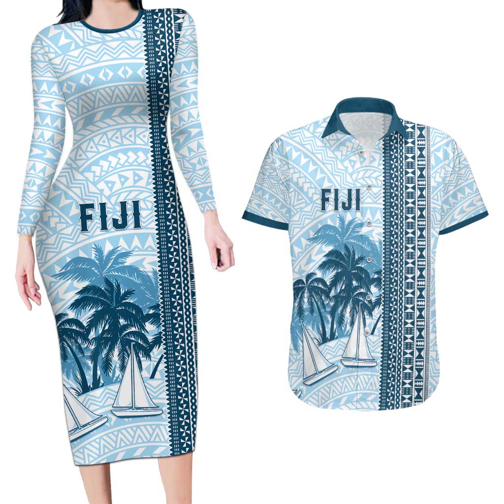 Custom Fiji Regatta Couples Matching Long Sleeve Bodycon Dress and Hawaiian Shirt Palm Tree Tapa Pattern - Polynesian Pride