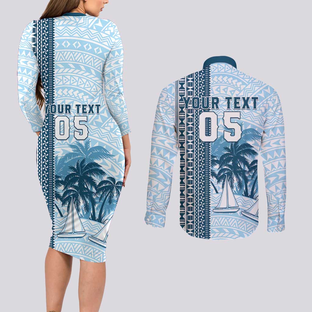Custom Fiji Regatta Couples Matching Long Sleeve Bodycon Dress and Long Sleeve Button Shirt Palm Tree Tapa Pattern - Polynesian Pride