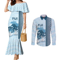 Custom Fiji Regatta Couples Matching Mermaid Dress and Long Sleeve Button Shirt Palm Tree Tapa Pattern - Polynesian Pride