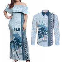 Custom Fiji Regatta Couples Matching Off Shoulder Maxi Dress and Long Sleeve Button Shirt Palm Tree Tapa Pattern - Polynesian Pride