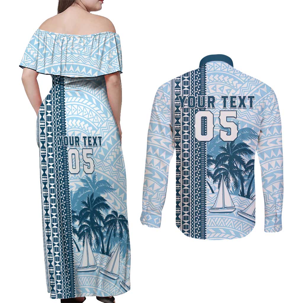 Custom Fiji Regatta Couples Matching Off Shoulder Maxi Dress and Long Sleeve Button Shirt Palm Tree Tapa Pattern - Polynesian Pride