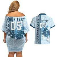 Custom Fiji Regatta Couples Matching Off Shoulder Short Dress and Hawaiian Shirt Palm Tree Tapa Pattern - Polynesian Pride