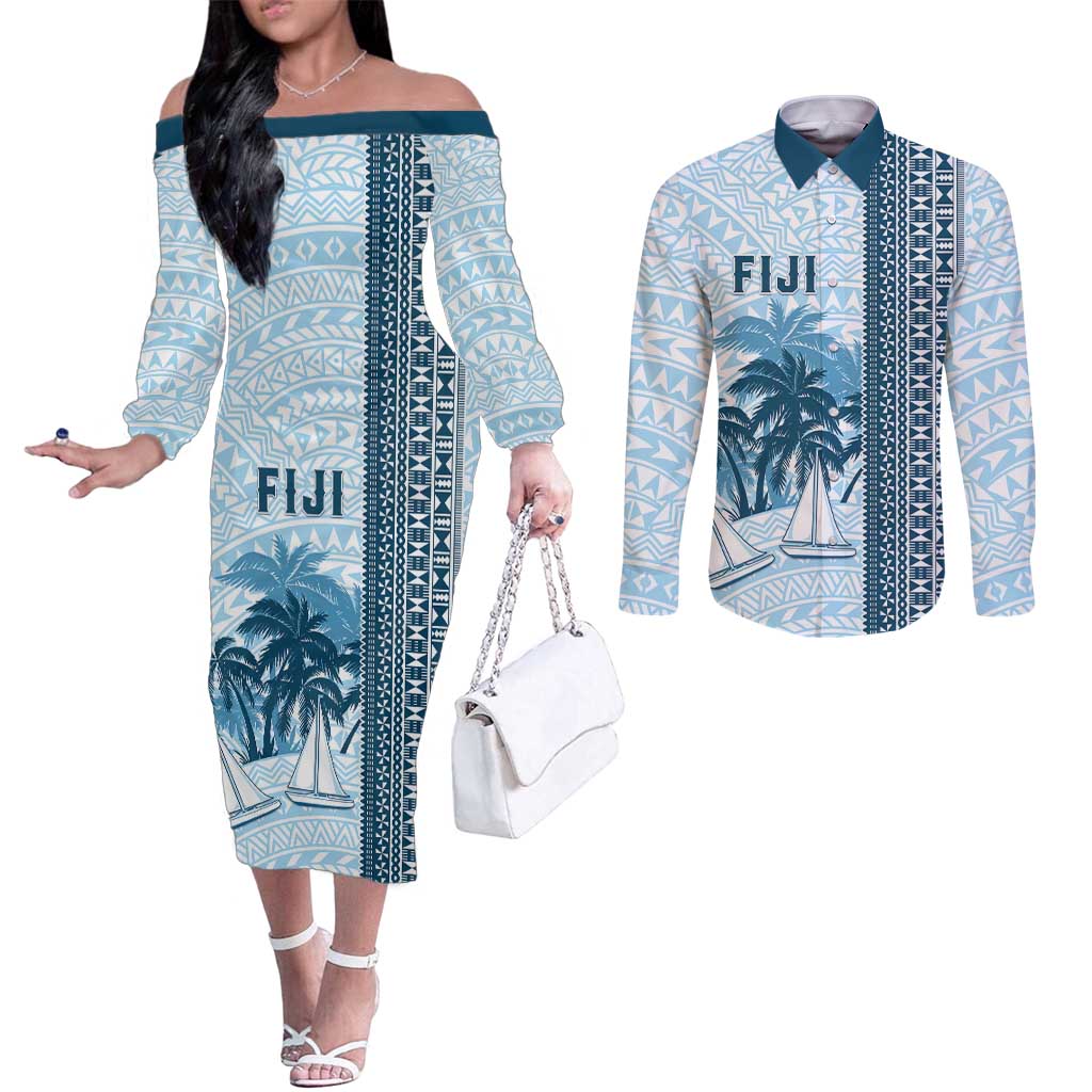 Custom Fiji Regatta Couples Matching Off The Shoulder Long Sleeve Dress and Long Sleeve Button Shirt Palm Tree Tapa Pattern - Polynesian Pride