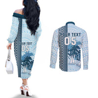 Custom Fiji Regatta Couples Matching Off The Shoulder Long Sleeve Dress and Long Sleeve Button Shirt Palm Tree Tapa Pattern - Polynesian Pride