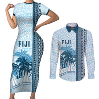 Custom Fiji Regatta Couples Matching Short Sleeve Bodycon Dress and Long Sleeve Button Shirt Palm Tree Tapa Pattern - Polynesian Pride